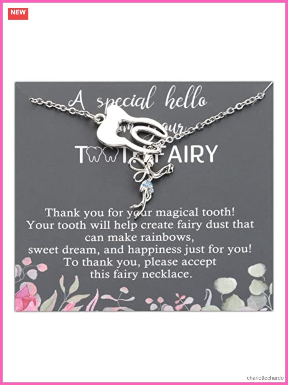 Stainless Steel Tooth Fairy Y Lariat Necklace Cubic Zirconia Pendant Gift